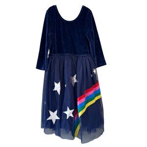 MINI BODEN Rainbow Tulle Dress Girls 11-12 152 Blue Velour Tulle Applique Stars